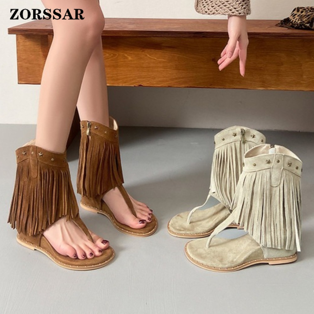Women Shoes Boots - Botas de cuña con flecos y